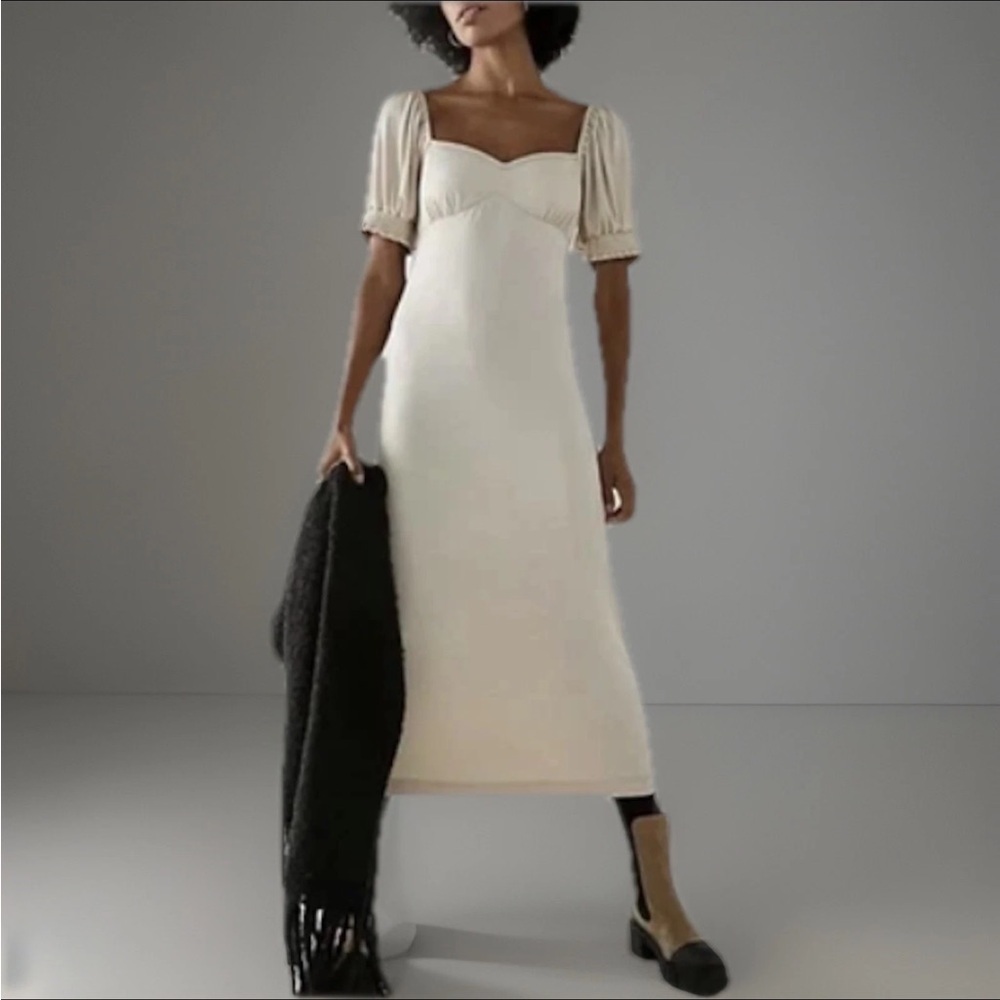 FREE PEOPLE BEACH Dress Womens Large Beige Bel Air Square Neck Ribbed Knit Midi